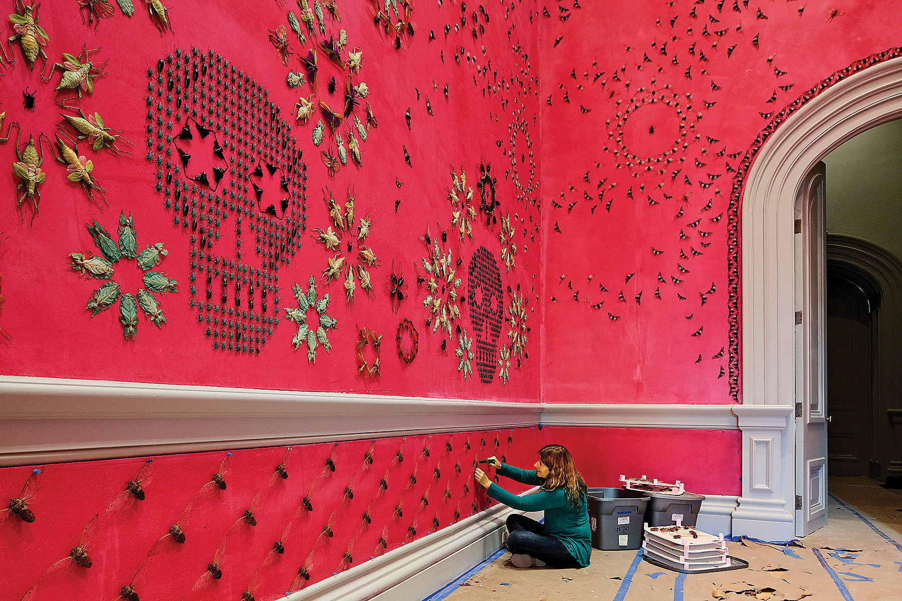 Jennifer Angus installs In the Midnight Garden, 2015, at the Renwick Gallery, Smithsonian American Art Museum. (Courtesy Renwick Gallery, Smithsonian American Art Museum, Photo Ron Blunt)