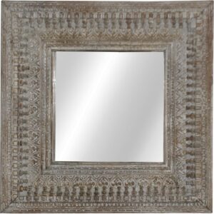 Rustic grey pin badged mirror with weathered frame, showcasing vintage charm and unique texture.