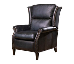 black leather recliner with a modern elm finish
