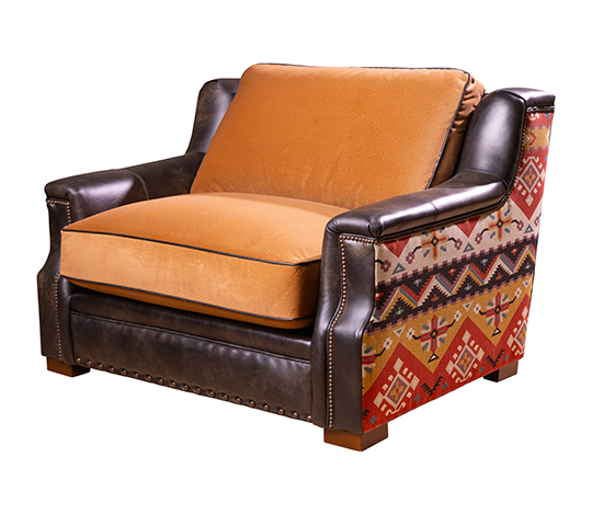 Warm Brown leather finish with the cognac color cushions for back and bottom, multi pattern fabric on the sides