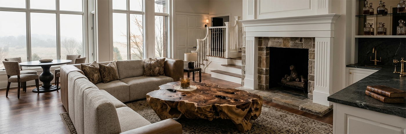 Luxurious living room with live-edge coffee table and stone fireplace