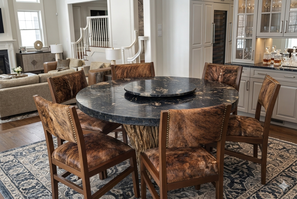 Dining area with round stone table and sculptural wooden base