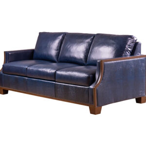 Sofas Indigo leather sofa with a dark wood outer trim